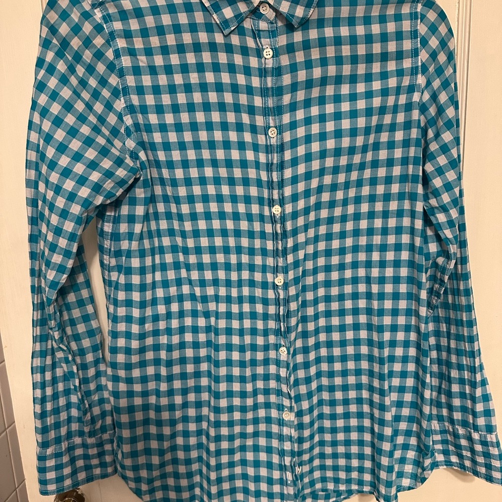J. Crew Turquoise and White Checked Boy Shirt